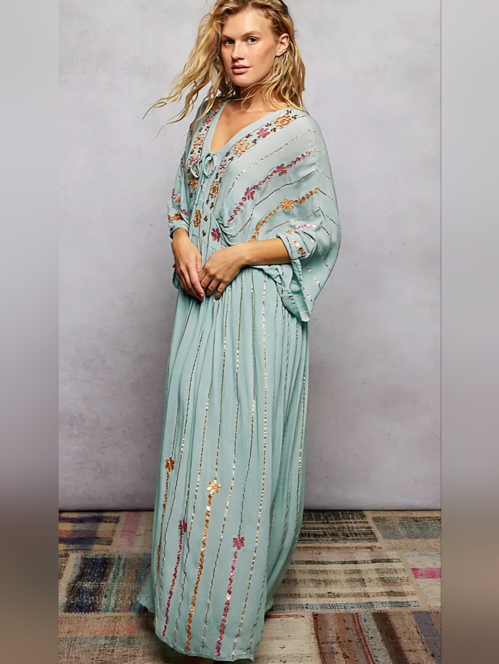 POL Light Aqua Embroidered Maxi Dress with Tassel - Picture 3 of 6